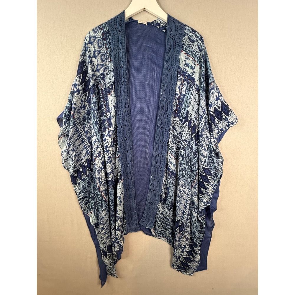 Coldwater Creek Kimono Wrap Women OS Blue Patchwork Crochet Lace Boho Cardigan